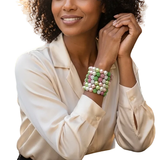 Pink and green multi wrap memory wire bracelet with crystal pave beads and pearl accents