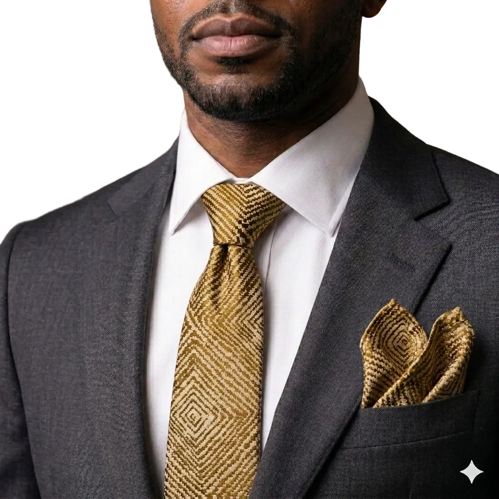 Man wearing a gray suit with a gold tie and pocket square in an indoor setting.