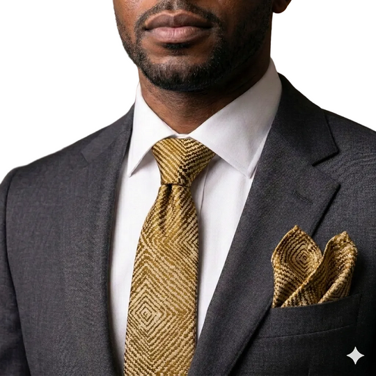 Man wearing a gray suit with a gold tie and pocket square in an indoor setting.