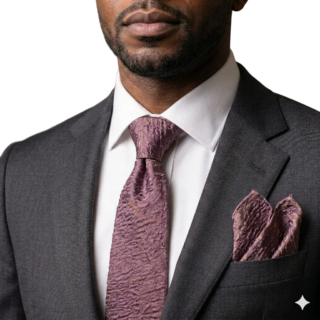 Man wearing a gray suit with a purple tie and pocket square in an indoor setting.