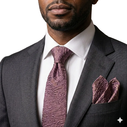 Man wearing a gray suit with a purple tie and pocket square in an indoor setting.