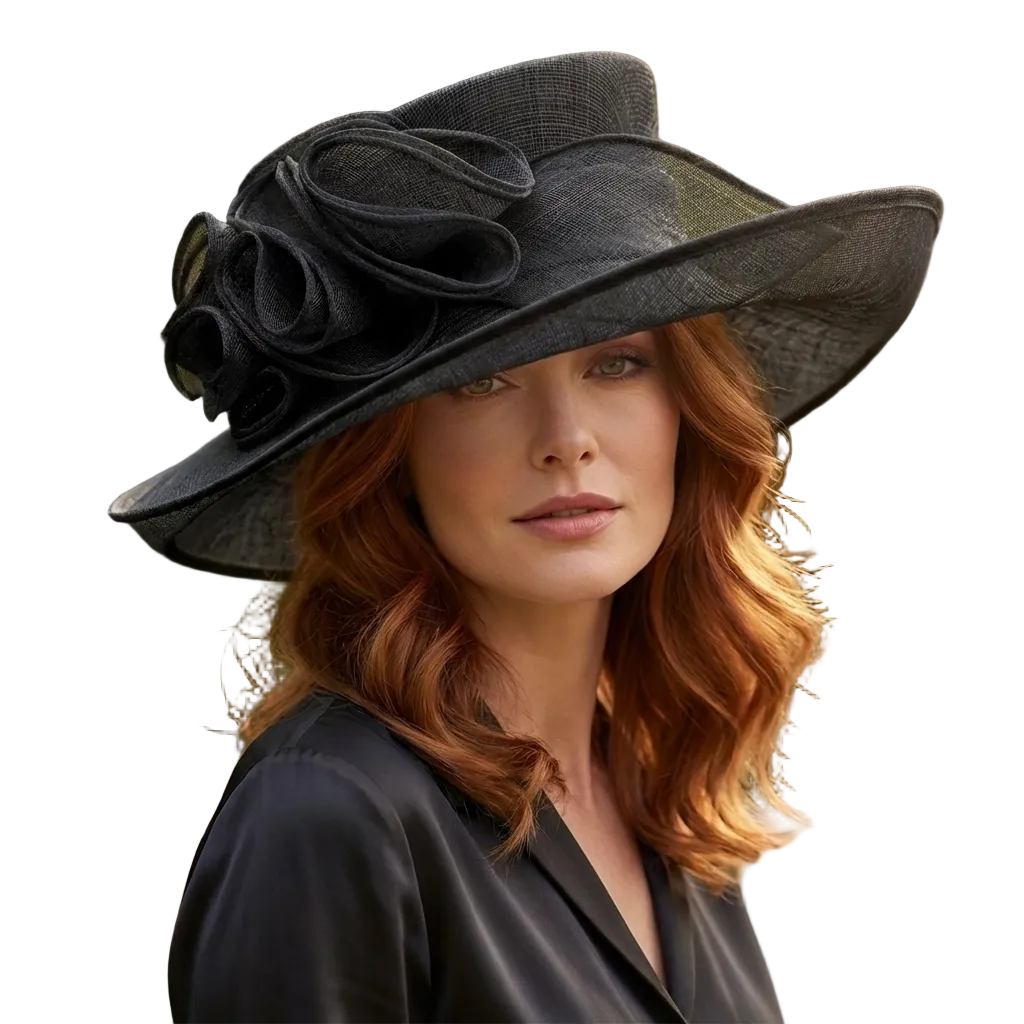 Woman wearing a black hat with floral details outdoors