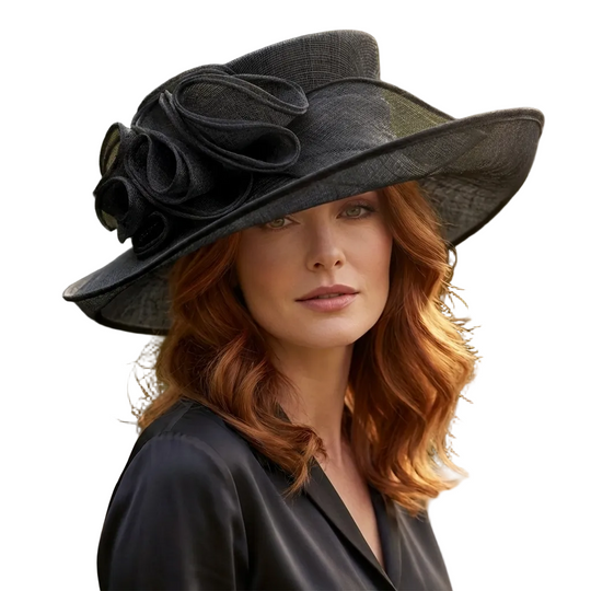 Woman wearing a black hat with floral details outdoors