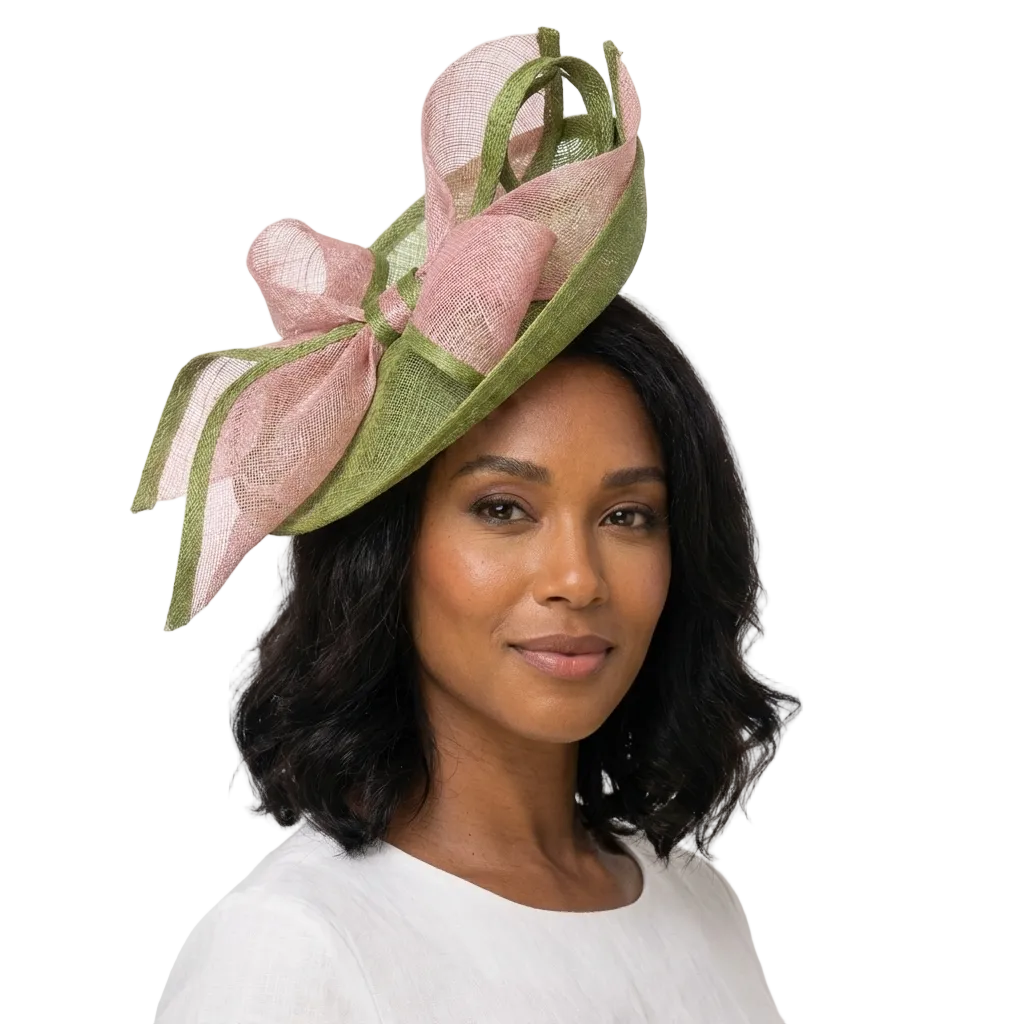 Woman wearing a green and pink decorative hat on a white background