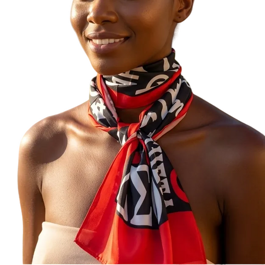 Delta Sigma Theta 1913 lightweight red and black symbol scarf styled on model.