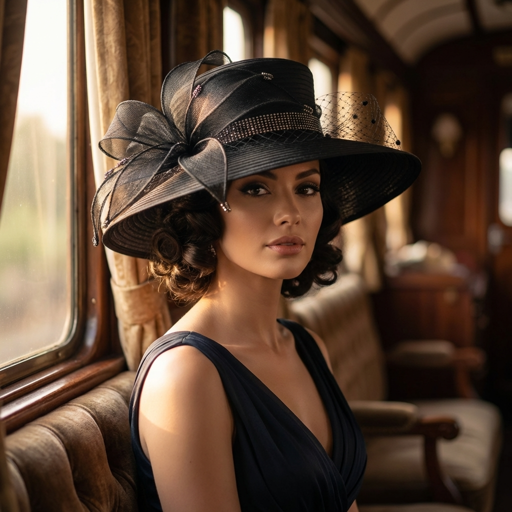 Sinamay Ribbon Flower Wide Brim Hat: Black