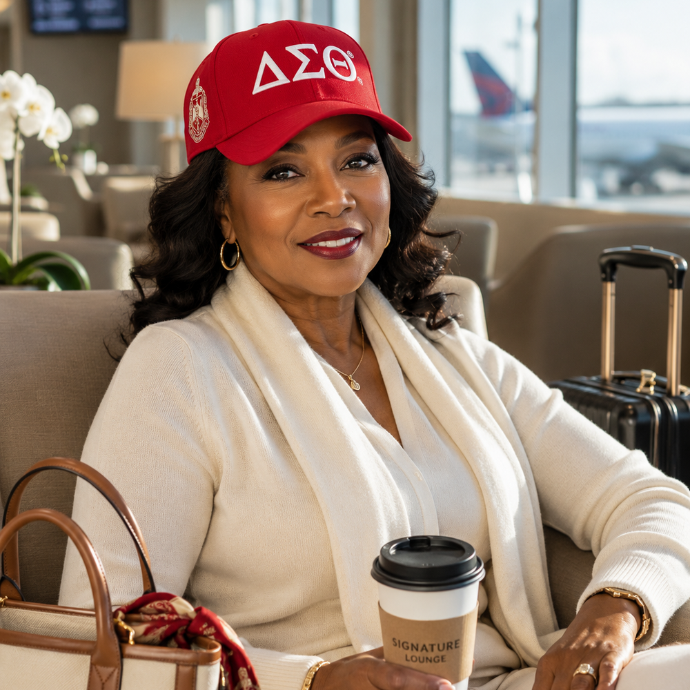 Delta Sigma Theta crimson embroidered baseball cap with white Greek letters and side crest embroidery.
