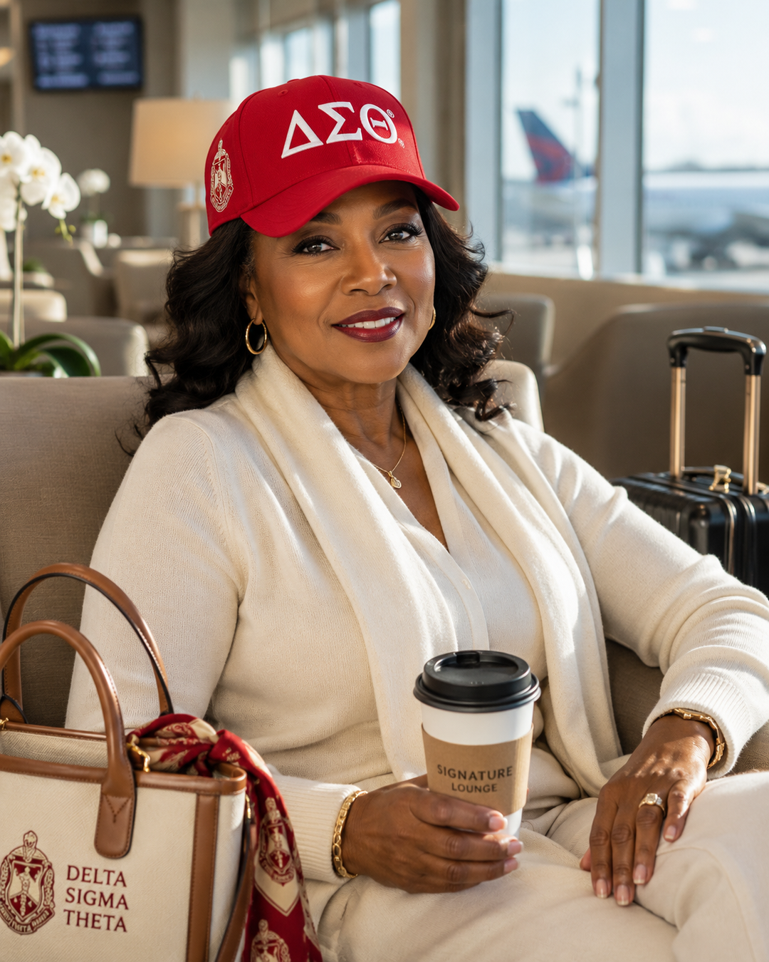 Delta Sigma Theta crimson embroidered baseball cap with white Greek letters and side crest embroidery.