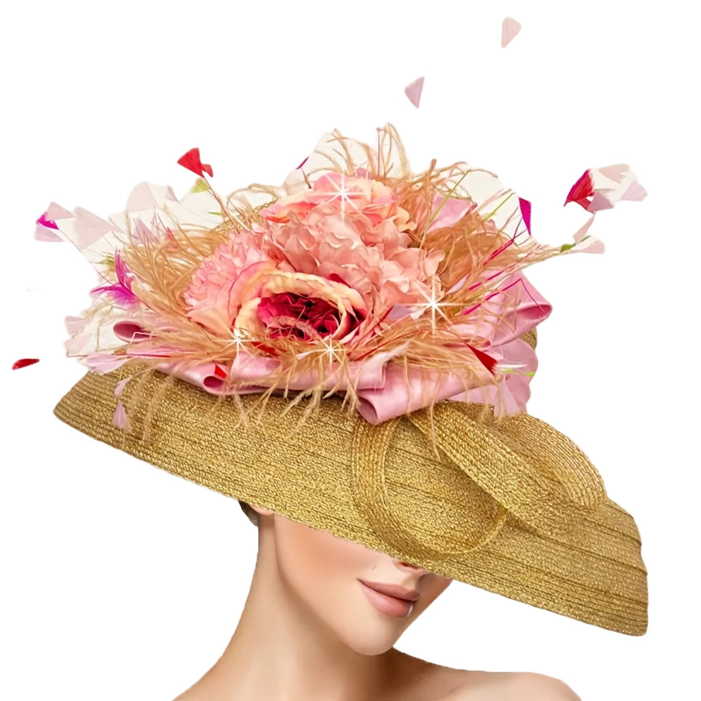 Elegant gold and pink hat with floral decorations on a neutral background