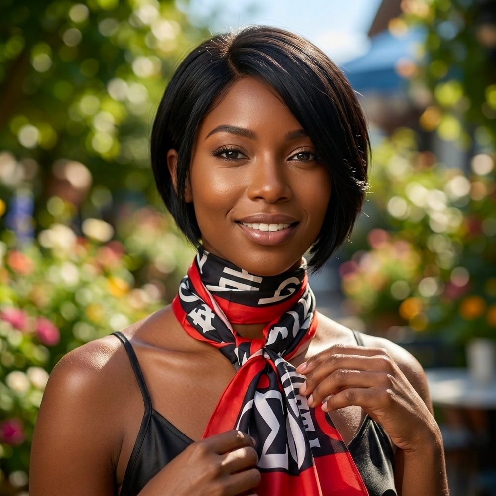 Delta Sigma Theta 1913 lightweight red and black symbol scarf styled on model.