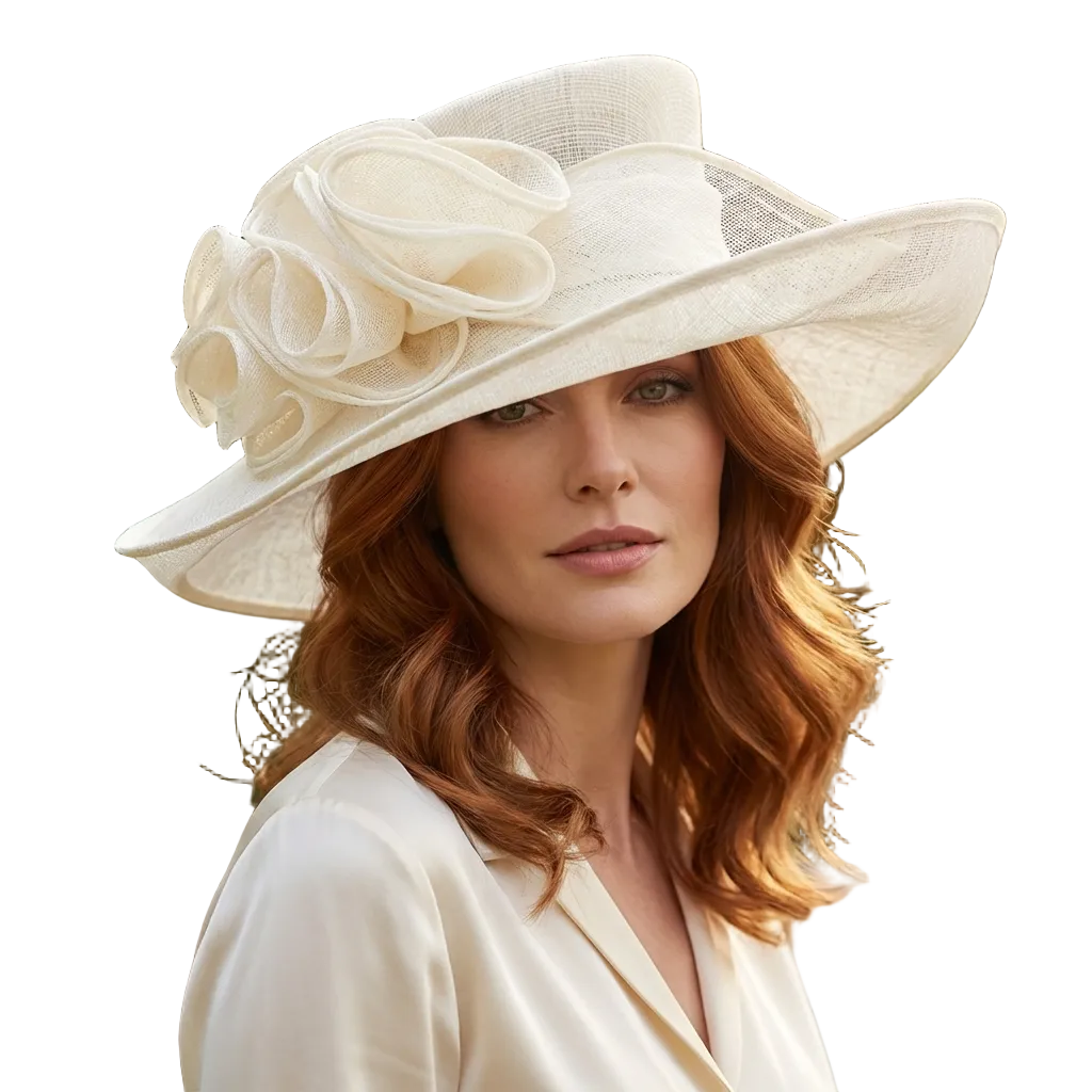 Woman wearing a white hat with floral details outdoors