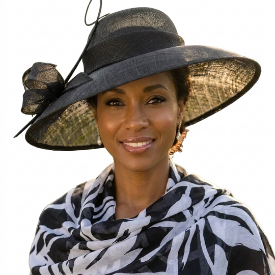 Black Asymmetric Brim Sinamay Hat with Ribbon Detail