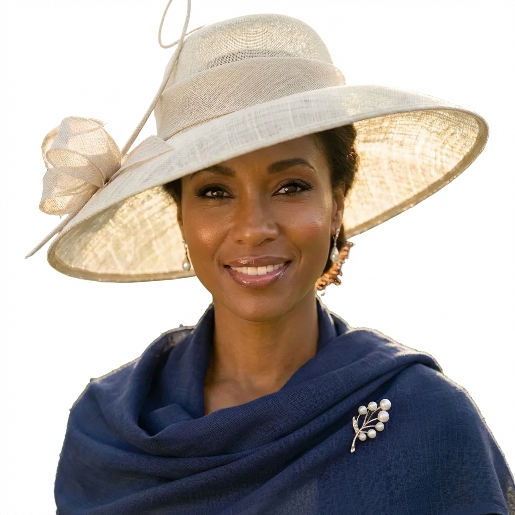 Off-White Asymmetric Brim Sinamay Hat with Ribbon Detail