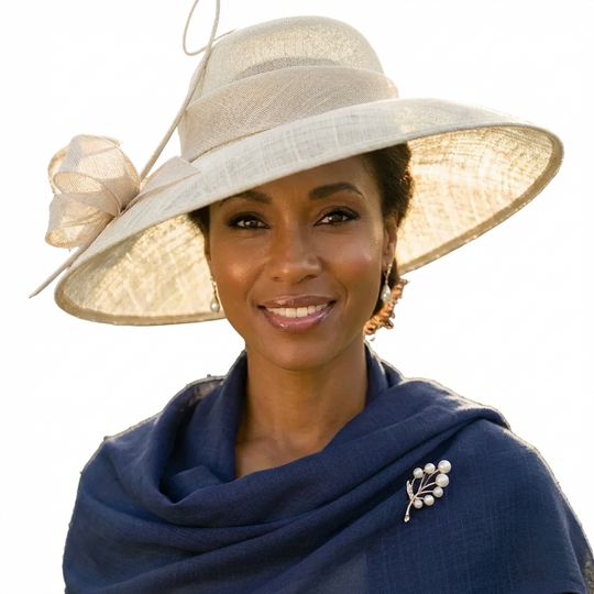 Off-White Asymmetric Brim Sinamay Hat with Ribbon Detail