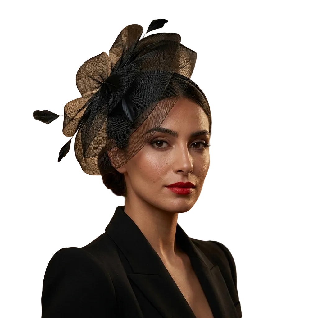 Woman wearing a black feathered headpiece against a stone wall and window background