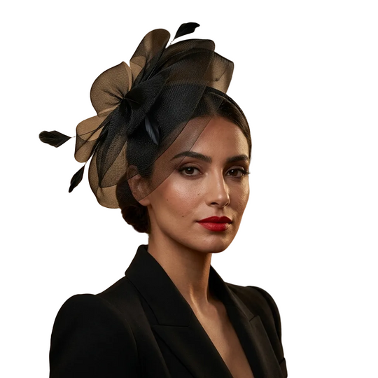 Woman wearing a black feathered headpiece against a stone wall and window background