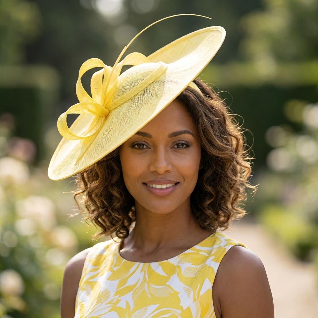 Yellow Wide Brim Sinamay Saucer Fascinator Hat