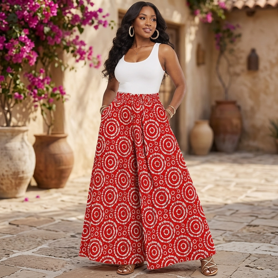 Afrikanische Baumwoll-Palazzo-Hose – Schwarz-roter Print