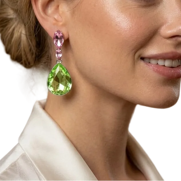 Pink &amp; Grüne Kristall-Ohrringe, mittlere Tropfenform