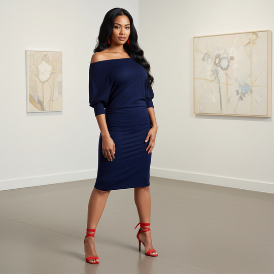 Woman in a navy off-shoulder dress with red heels standing in an art gallery.