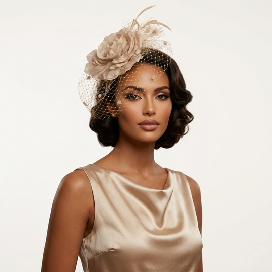 A woman with styled dark wavy hair wears a beige fascinator hat with a large fabric flower, feather, and birdnet veil, paired with a champagne satin dress against a plain light background.