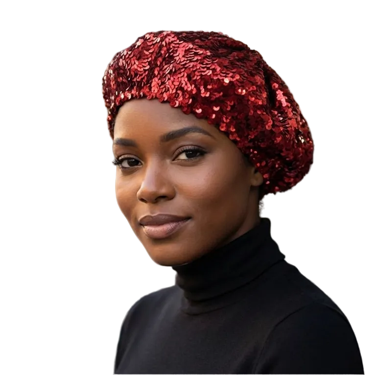 Woman wearing a red sequin headscarf in an outdoor setting