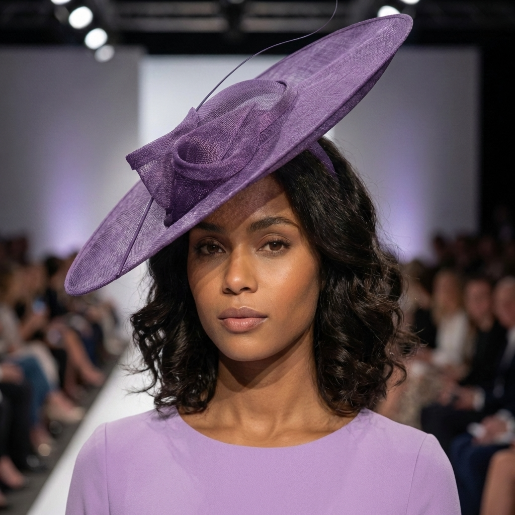 Lila Sinamay-Fascinator mit breiter Krempe
