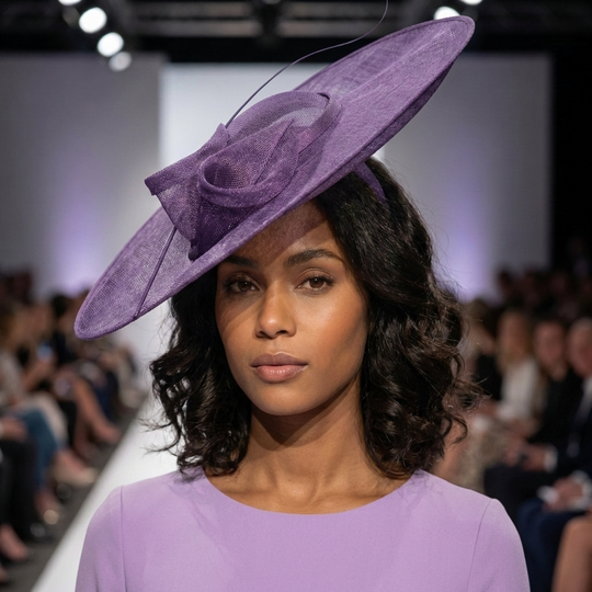 Lila Sinamay-Fascinator mit breiter Krempe