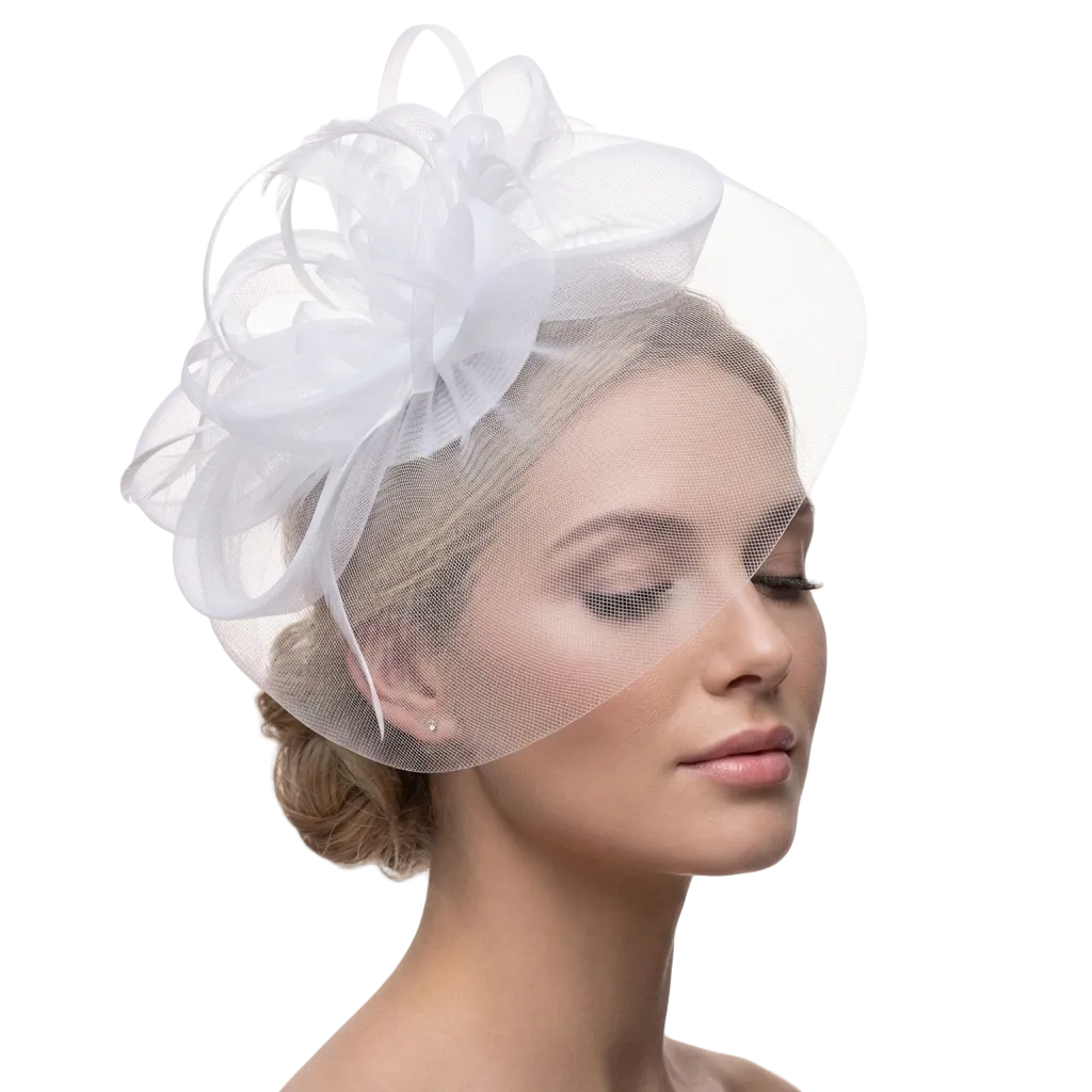 Woman wearing a white decorative headpiece on a plain background