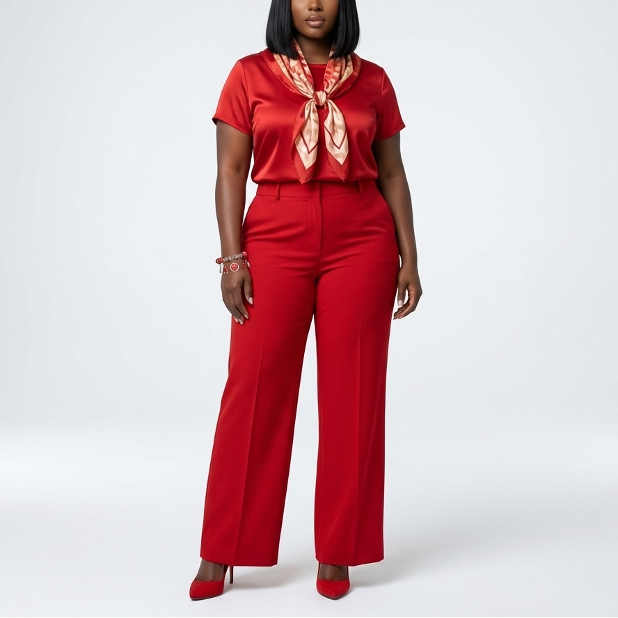 Woman wearing a red outfit with a white background