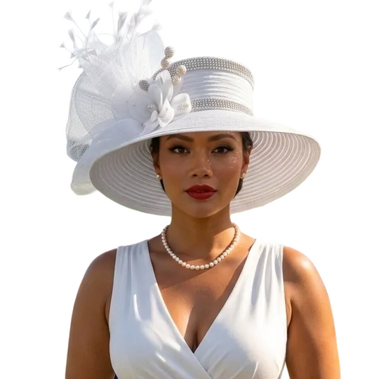 White satin sailor hat with large mesh crinoline bow, crystal accents, rhinestone band, and wide brim