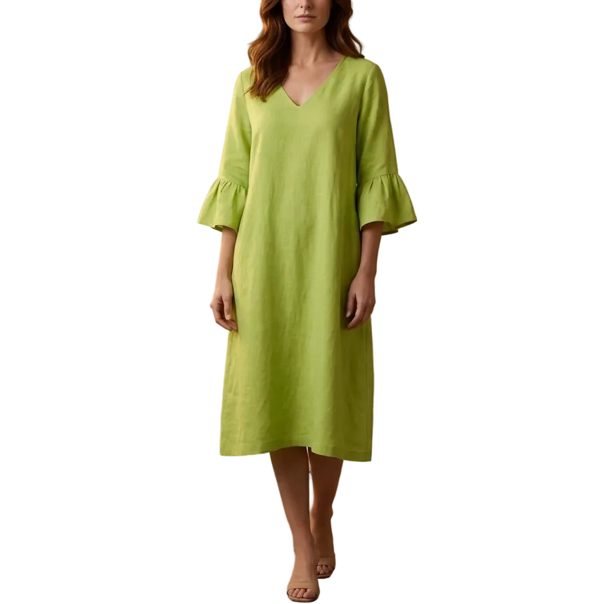 Citron Linen V-Neck Dress | Ruffle Sleeve Knee-Length Dress Small (6 - 8) Citron Linen V-Neck Dress | Ruffle Sleeve Knee-Length Dress Small (6 - 8)