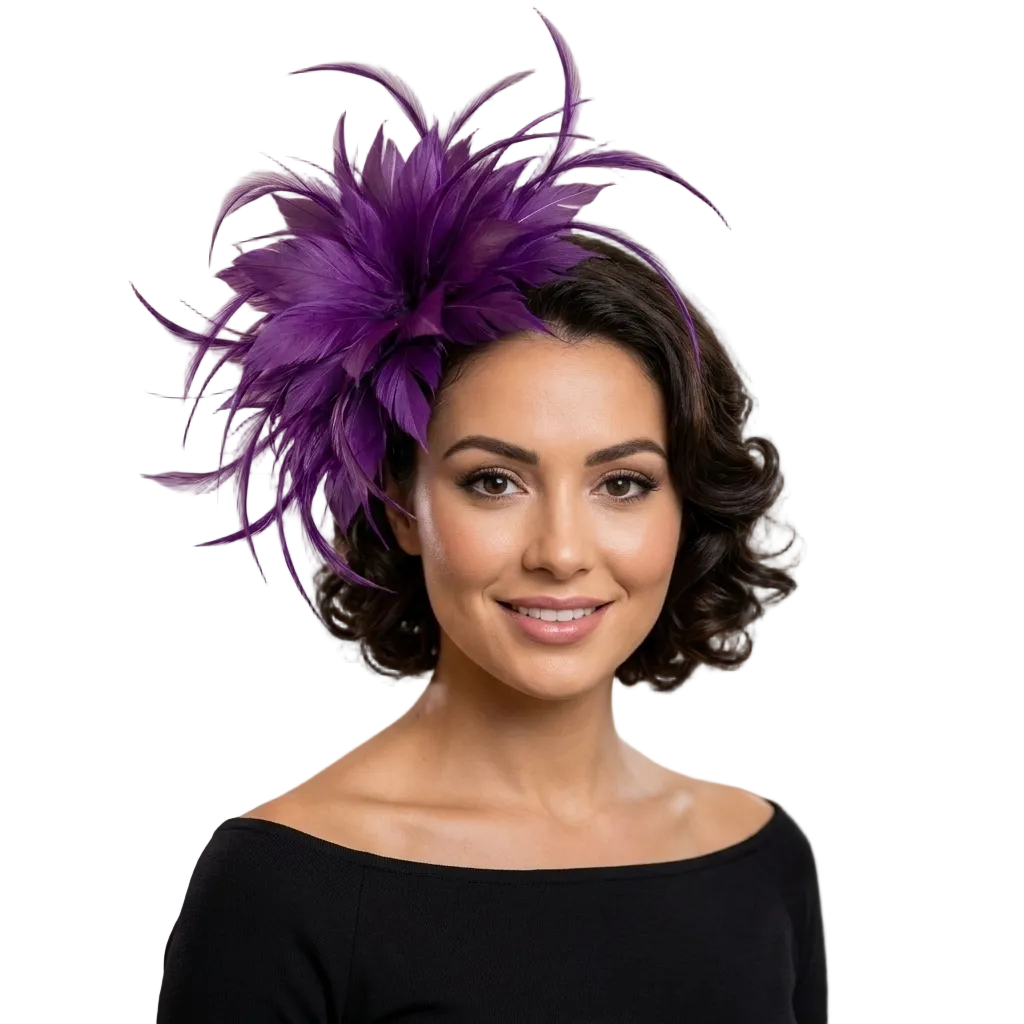 Woman wearing a purple feathered headpiece in an indoor setting
