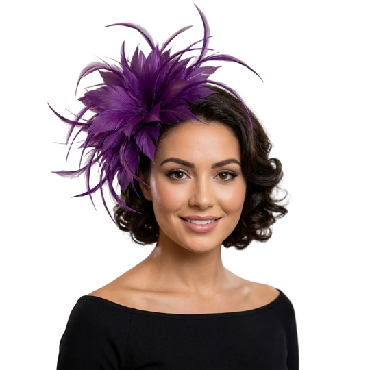 Woman wearing a purple feathered headpiece in an indoor setting