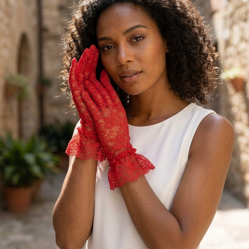 Floral Pattern Lace Cuff Gloves - Red-w