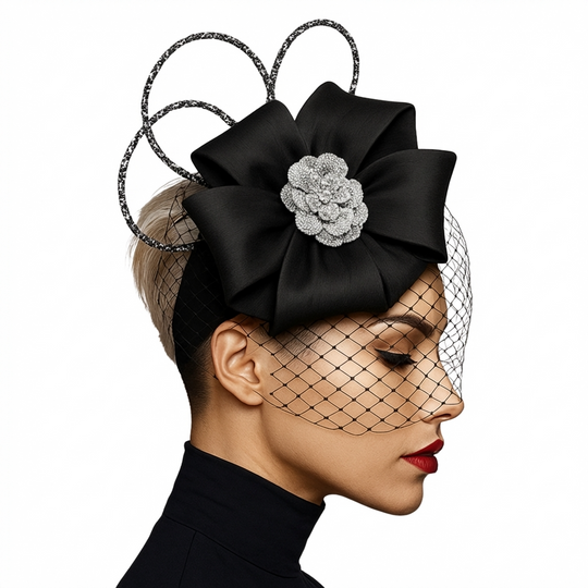 Tocado de plumas Midnight Bloom - Tocado de alta costura esculpido negro con velo