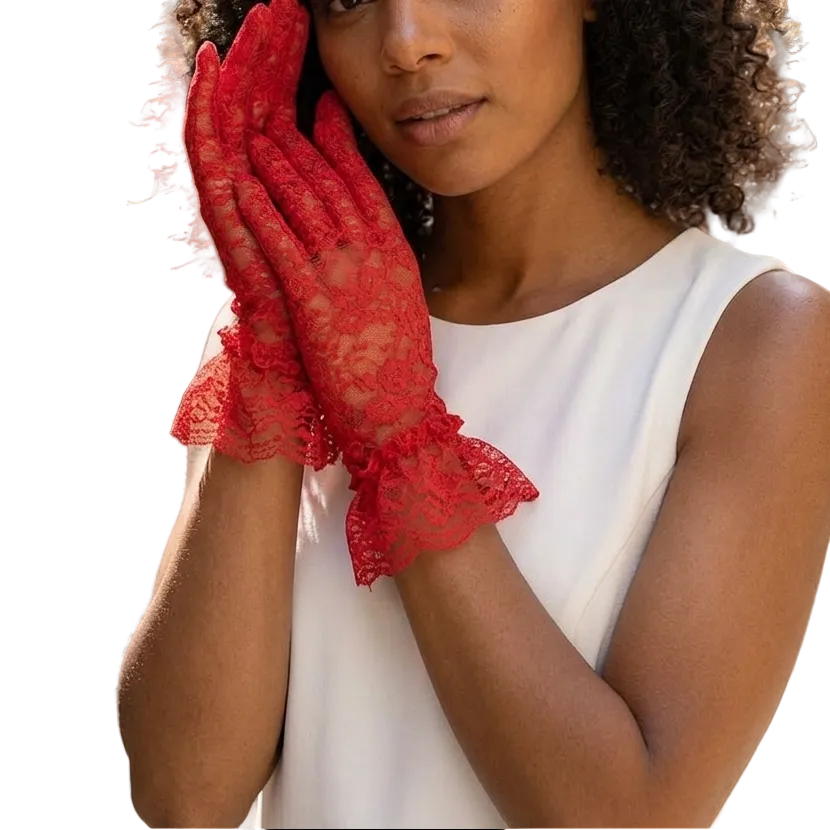 GoodGoods 1 Pair Short Lace Gloves Bridal Wedding Wrist Lace Gloves Vintage Sunscreen Floral Glove for Women(Red)