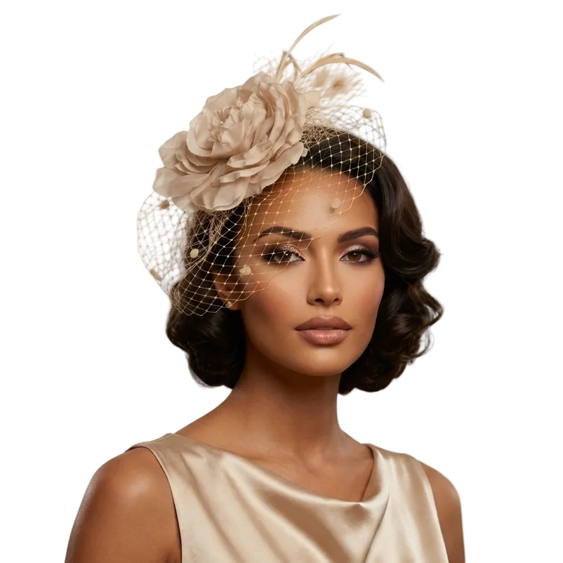 A woman with styled dark wavy hair wears a beige fascinator hat with a large fabric flower, feather, and birdnet veil, paired with a champagne satin dress against a plain light background.