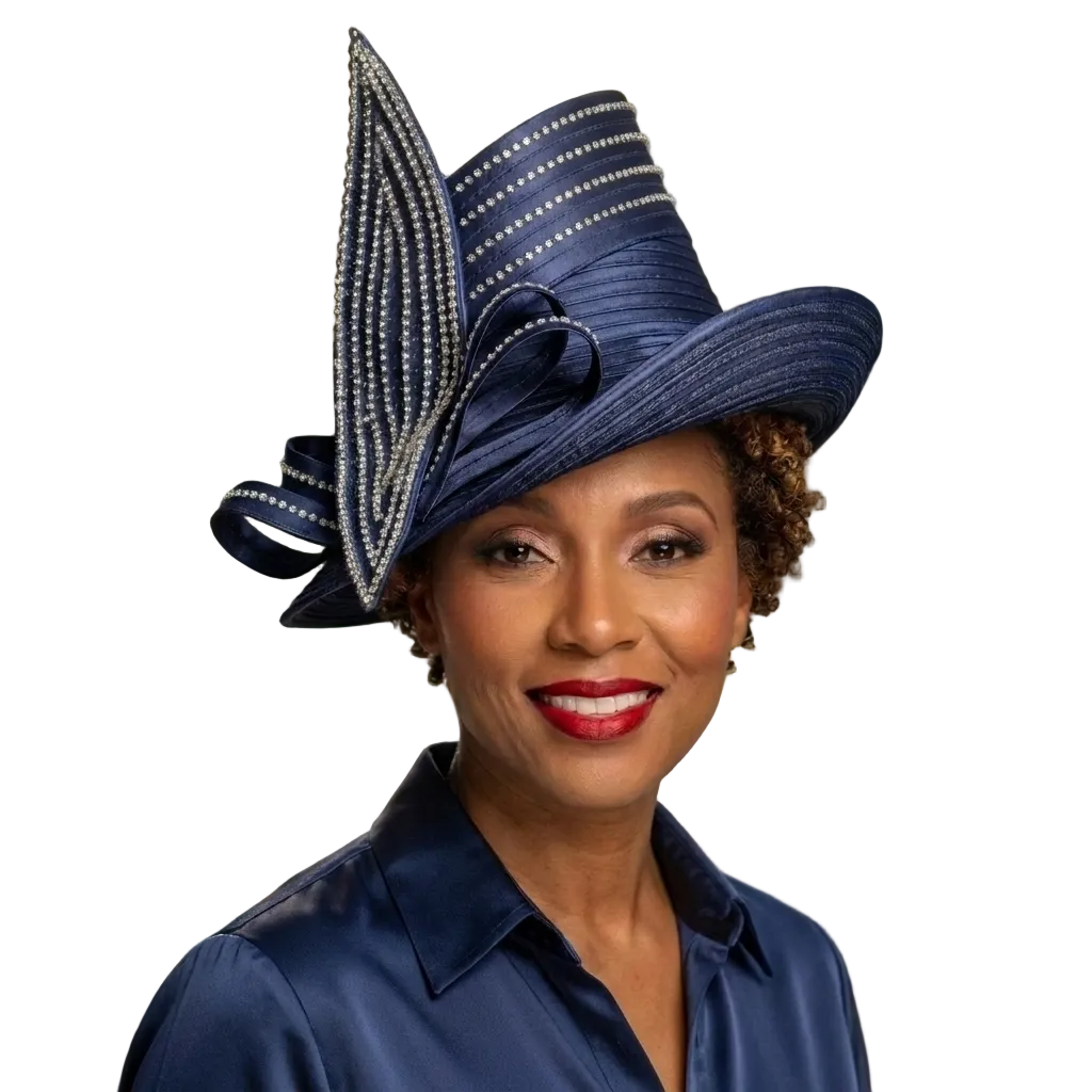 Woman wearing a decorative navy blue hat in a garden setting