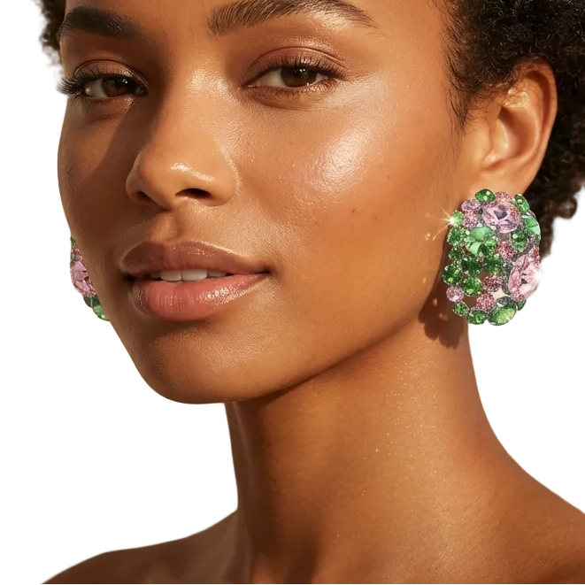 Woman wearing colorful earrings with a blurred background