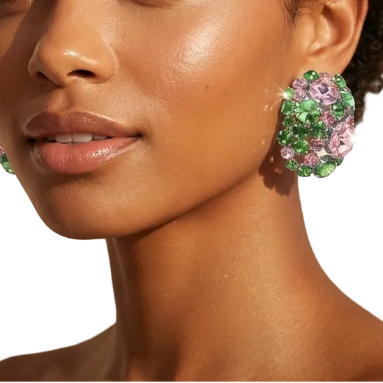 Woman wearing colorful earrings with a blurred background
