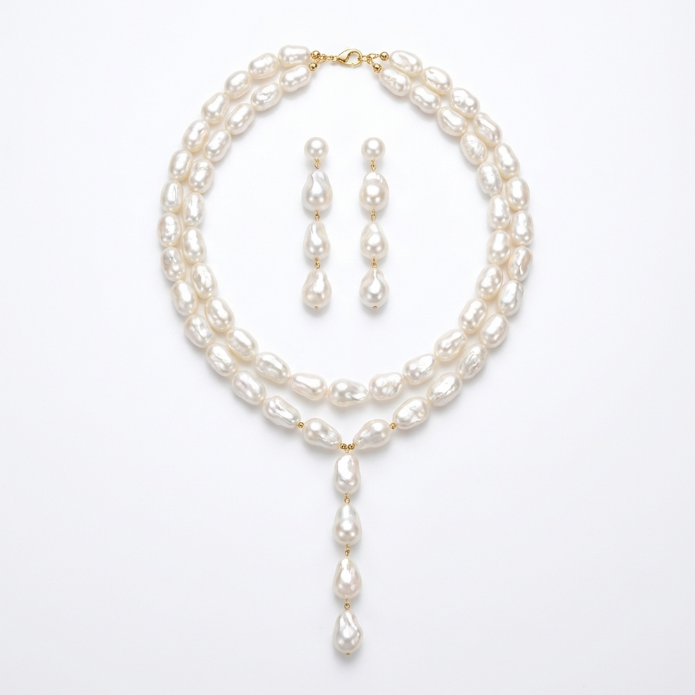 Layered Pearl Necklace and Drop Earrings Set – Gold Plated