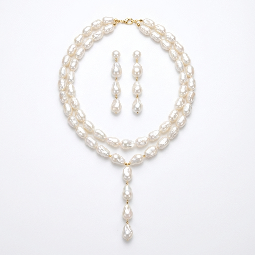 Layered Pearl Necklace and Drop Earrings Set – Gold Plated