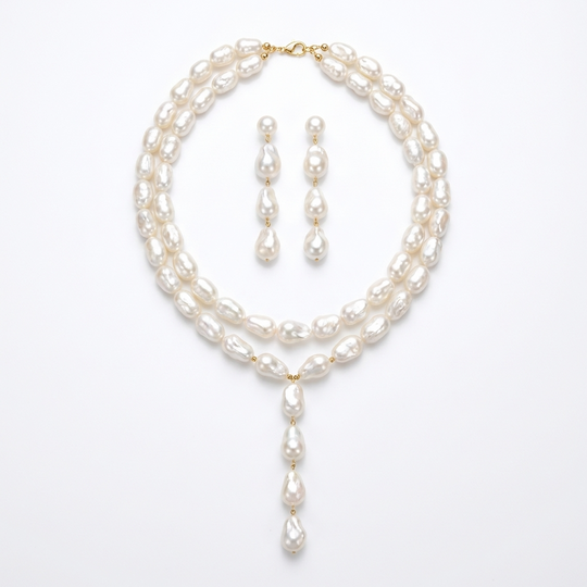 Layered Pearl Necklace and Drop Earrings Set – Gold Plated
