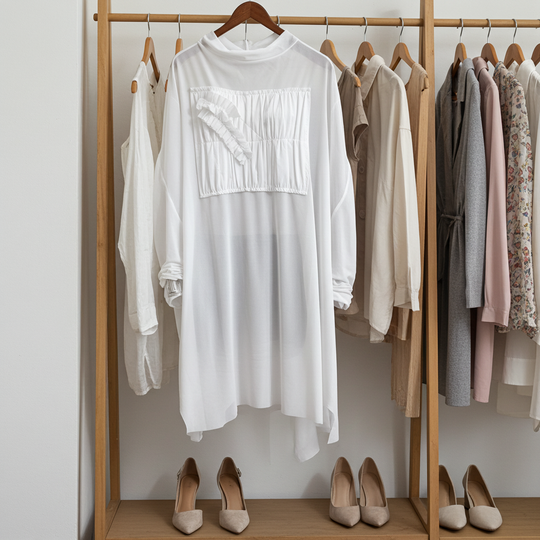 White blouse on a wooden rack with other clothing items and shoes below.