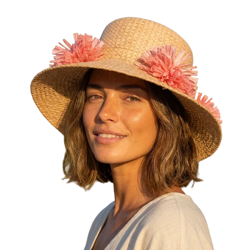 Woman wearing a straw hat with pink flowers in a garden setting