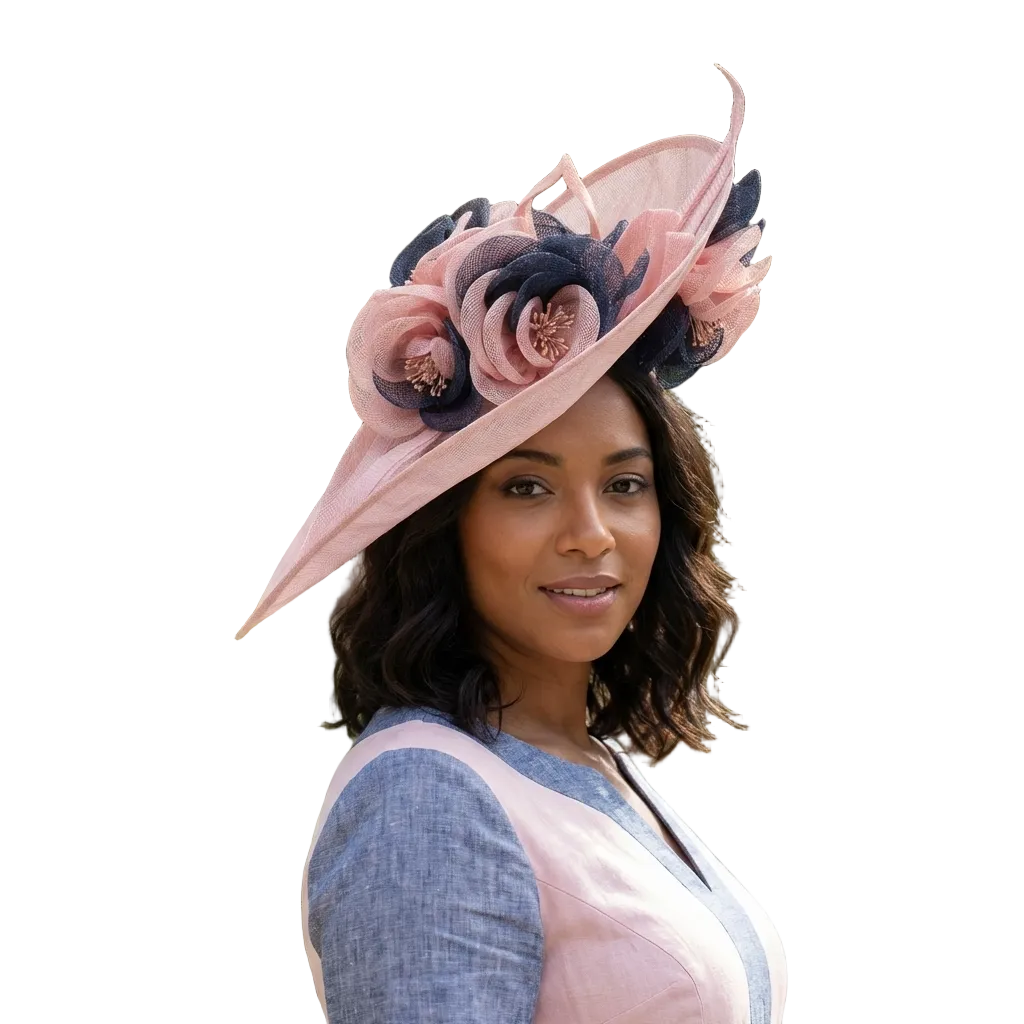 Woman wearing a decorative pink hat with flowers outdoors