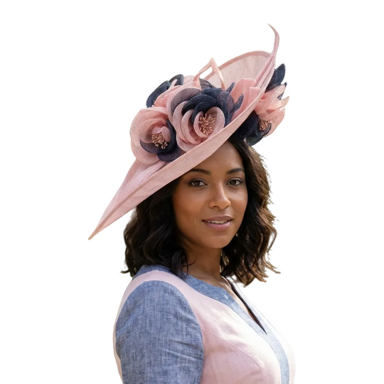 Woman wearing a decorative pink hat with flowers outdoors