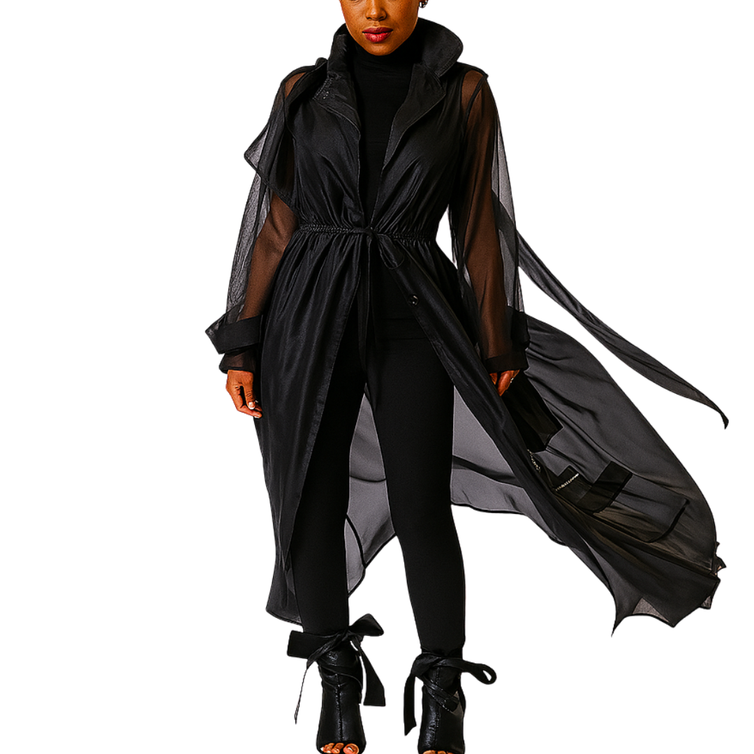 Black trench coat with sheer sleeves worn by a model on a white background