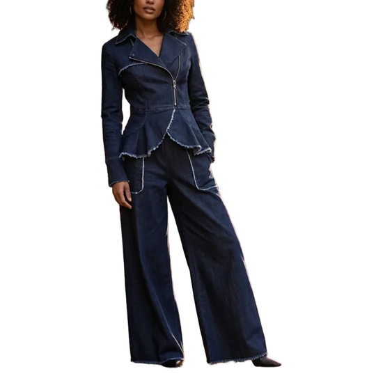 Raw Edge Denim Suit Set – Peplum Jacket &amp; Wide Leg Pants